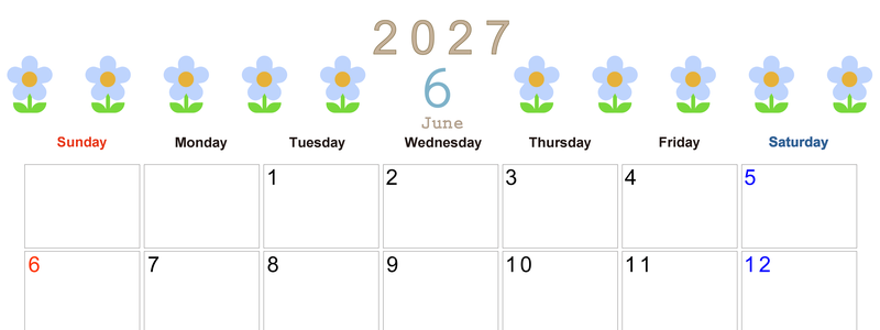 2027年カレンダー(印刷用・無料)6月は横型日曜始まりでおしゃれな花のイラストが暮らしに癒しを与えてくれる 【No.202701310600】