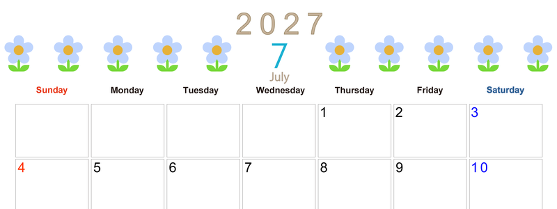 2027年カレンダー(印刷用・無料)7月は横型日曜始まりでおしゃれな花のイラストが暮らしに癒しを与えてくれる 【No.202701310700】