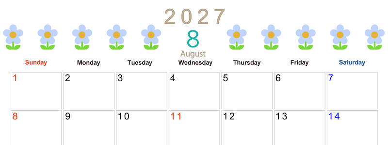 2027年カレンダー(印刷用・無料)8月は横型日曜始まりでおしゃれな花のイラストが暮らしに癒しを与えてくれる 【No.202701310800】