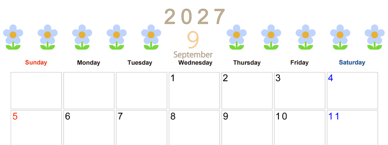 2027年カレンダー(印刷用・無料)9月は横型日曜始まりでおしゃれな花のイラストが暮らしに癒しを与えてくれる 【No.202701310900】