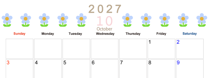 2027年カレンダー(印刷用・無料)10月は横型日曜始まりでおしゃれな花のイラストが暮らしに癒しを与えてくれる 【No.202701311000】