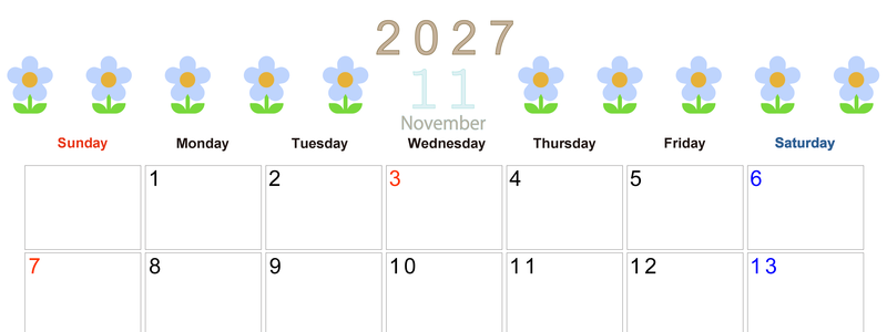 2027年カレンダー(印刷用・無料)11月は横型日曜始まりでおしゃれな花のイラストが暮らしに癒しを与えてくれる 【No.202701311100】