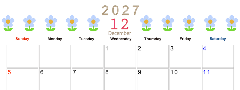 2027年カレンダー(印刷用・無料)12月は横型日曜始まりでおしゃれな花のイラストが暮らしに癒しを与えてくれる 【No.202701311200】
