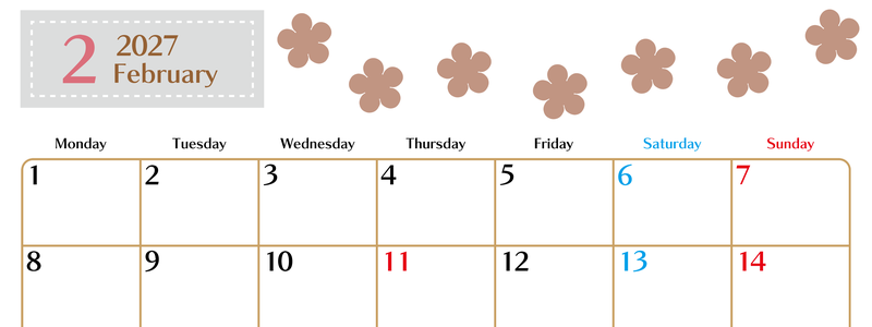 2月カレンダー2027年(無料)は横型月曜始まりでベージュの花がおしゃれなA4印刷用 【No.202701340201】