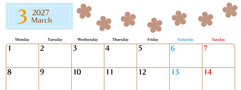 3月カレンダー2027年(無料)は横型月曜始まりでベージュの花がおしゃれなA4印刷用 【No.202701340301】