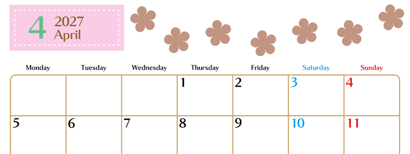 4月カレンダー2027年(無料)は横型月曜始まりでベージュの花がおしゃれなA4印刷用 【No.202701340401】
