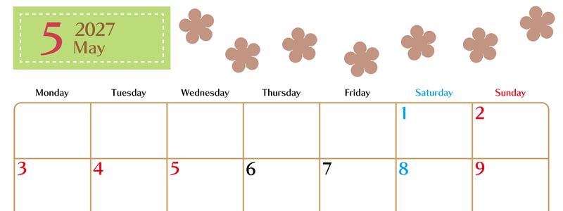 5月カレンダー2027年(無料)は横型月曜始まりでベージュの花がおしゃれなA4印刷用 【No.202701340501】