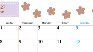 6月カレンダー2027年(無料)は横型月曜始まりでベージュの花がおしゃれなA4印刷用 【No.202701340601】