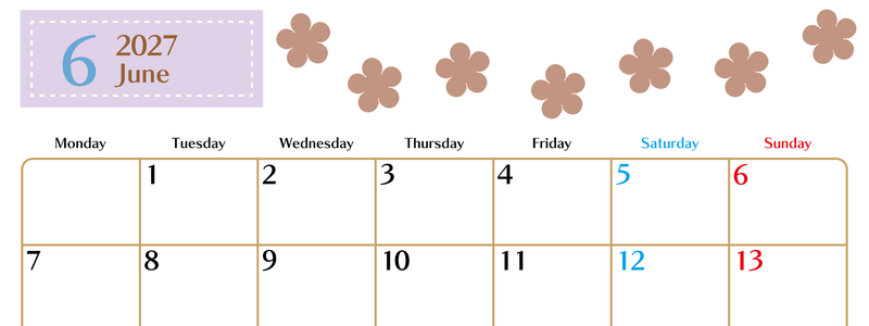 6月カレンダー2027年(無料)は横型月曜始まりでベージュの花がおしゃれなA4印刷用 【No.202701340601】