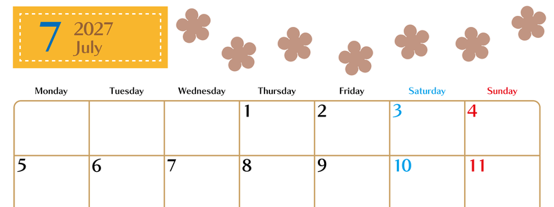 7月カレンダー2027年(無料)は横型月曜始まり でベージュの花がおしゃれなA4印刷用 【No.202701340701】