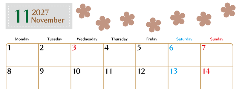 11月カレンダー2027年(無料)は横型月曜始まりでベージュの花がおしゃれなA4印刷用 【No.202701341101】