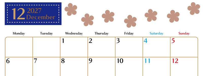 12月カレンダー2027年(無料)は横型月曜始まりでベージュの花がおしゃれなA4印刷用 【No.202701341201】
