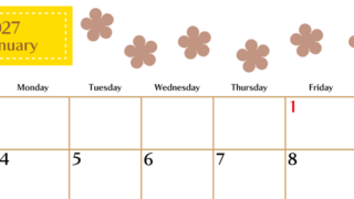1月カレンダー2027年(無料)は横型日曜始まりでベージュの花がおしゃれなA4印刷用 【No.202701340100】