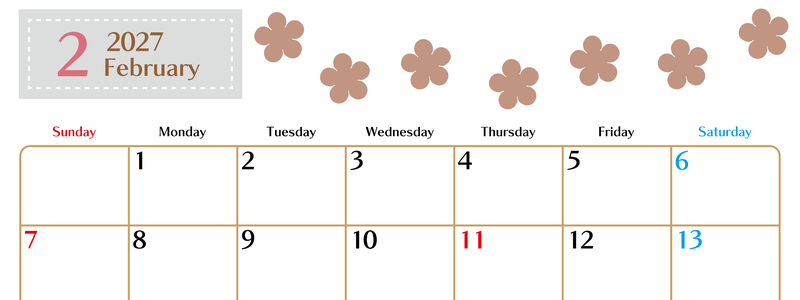 2月カレンダー2027年(無料)は横型日曜始まりでベージュの花がおしゃれなA4印刷用 【No.202701340200】