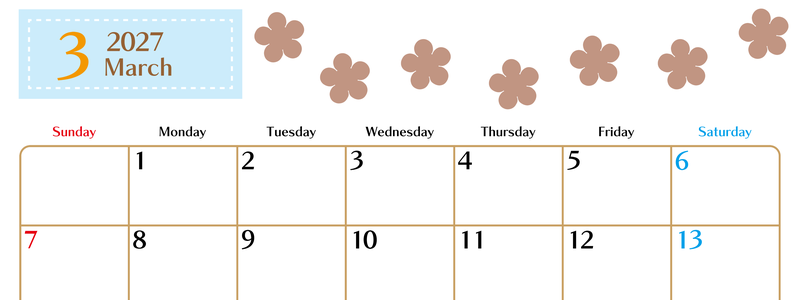 3月カレンダー2027年(無料)は横型日曜始まりでベージュの花がおしゃれなA4印刷用 【No.202701340300】