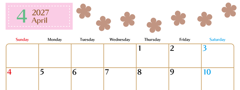 4月カレンダー2027年(無料)は横型日曜始まりでベージュの花がおしゃれなA4印刷用 【No.202701340400】
