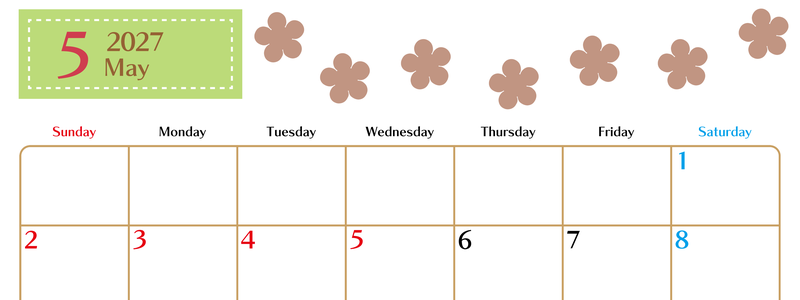5月カレンダー2027年(無料)は横型日曜始まりでベージュの花がおしゃれなA4印刷用 【No.202701340500】
