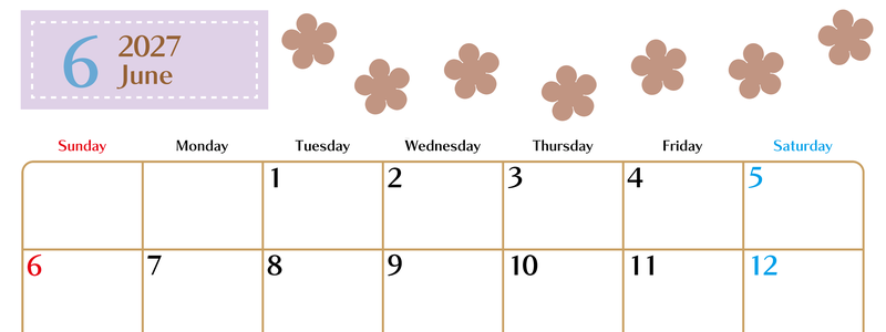 6月カレンダー2027年(無料)は横型日曜始まりでベージュの花がおしゃれなA4印刷用 【No.202701340600】