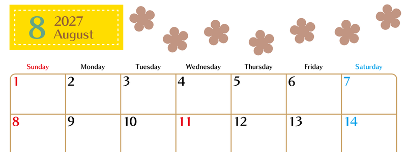 8月カレンダー2027年(無料)は横型日曜始まりでベージュの花がおしゃれなA4印刷用 【No.202701340800】