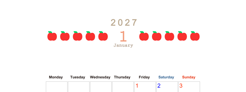 1月カレンダー2027年(無料&印刷用)は縦型月曜始まりで旬のフルーツのイラストがおしゃれ：A4サイズ 【No.202701350111】