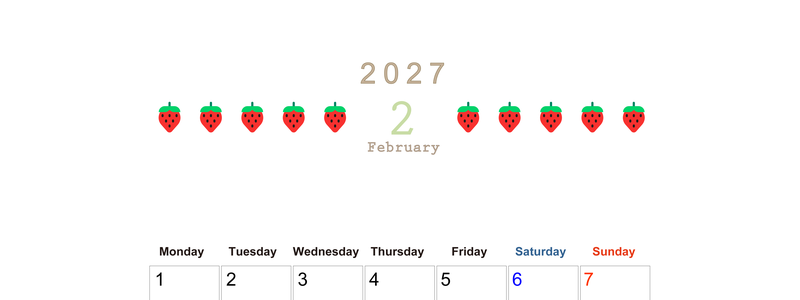 2月カレンダー2027年(無料&印刷用)は縦型月曜始まりで旬のフルーツのイラストがおしゃれ：A4サイズ 【No.202701350211】