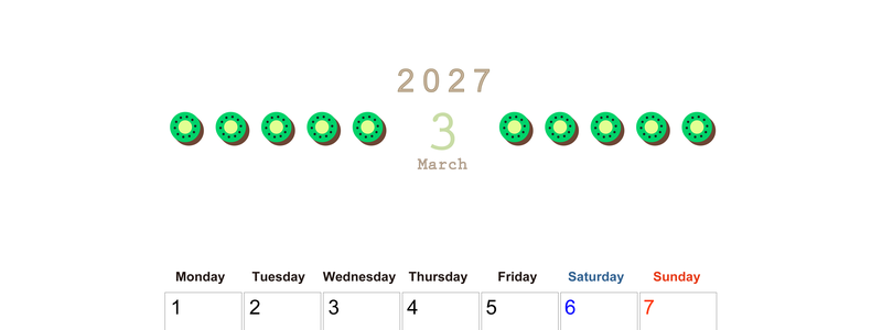 3月カレンダー2027年(無料&印刷用)は縦型月曜始まりで旬のフルーツのイラストがおしゃれ：A4サイズ 【No.202701350311】