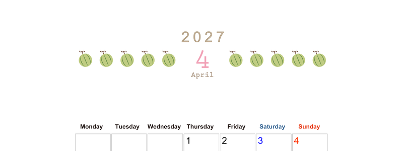4月カレンダー2027年(無料&印刷用)は縦型月曜始まりで旬のフルーツのイラストがおしゃれ：A4サイズ 【No.202701350411】