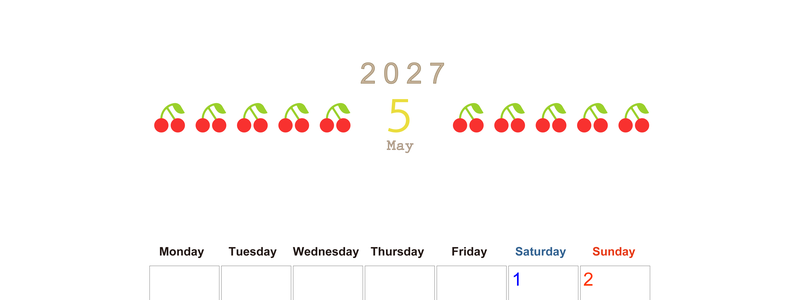 5月カレンダー2027年(無料&印刷用)は縦型月曜始まりで旬のフルーツのイラストがおしゃれ：A4サイズ 【No.202701350511】