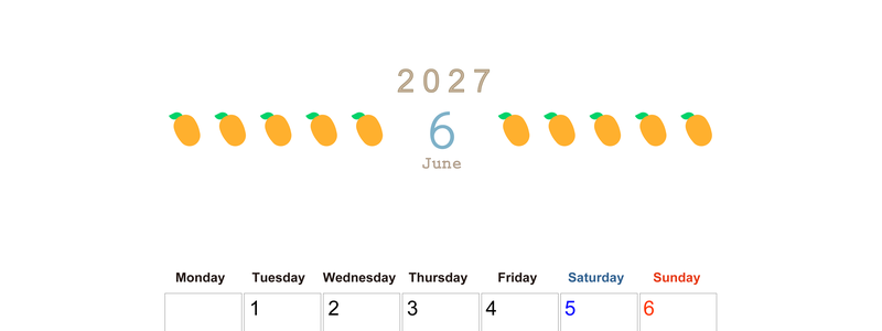 6月カレンダー2027年(無料&印刷用)は縦型月曜始まりで旬のフルーツのイラストがおしゃれ：A4サイズ 【No.202701350611】