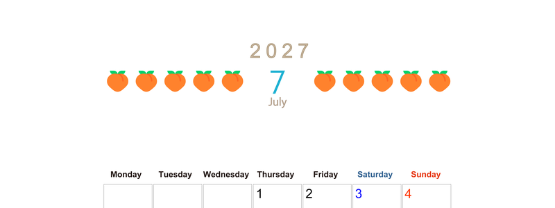 7月カレンダー2027年(無料&印刷用)は縦型月曜始まりで旬のフルーツのイラストがおしゃれ：A4サイズ 【No.202701350711】
