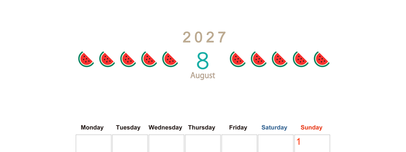 8月カレンダー2027年(無料&印刷用)は縦型月曜始まりで旬のフルーツのイラストがおしゃれ：A4サイズ 【No.202701350811】
