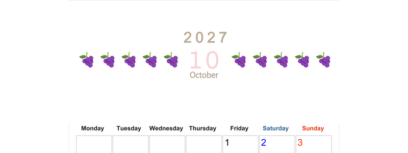 10月カレンダー2027年(無料&印刷用)は縦型月曜始まりで旬のフルーツのイラストがおしゃれ：A4サイズ 【No.202701351011】