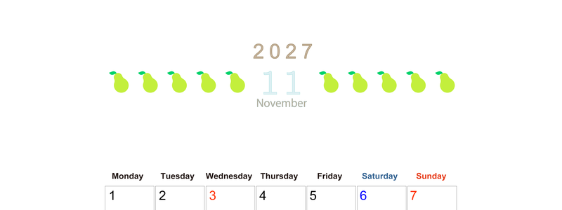 11月カレンダー2027年(無料&印刷用)は縦型月曜始まりで旬のフルーツのイラストがおしゃれ：A4サイズ 【No.202701351111】