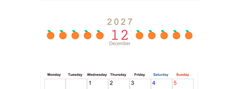 12月カレンダー2027年(無料&印刷用)は縦型月曜始まりで旬のフルーツのイラストがおしゃれ：A4サイズ 【No.202701351211】
