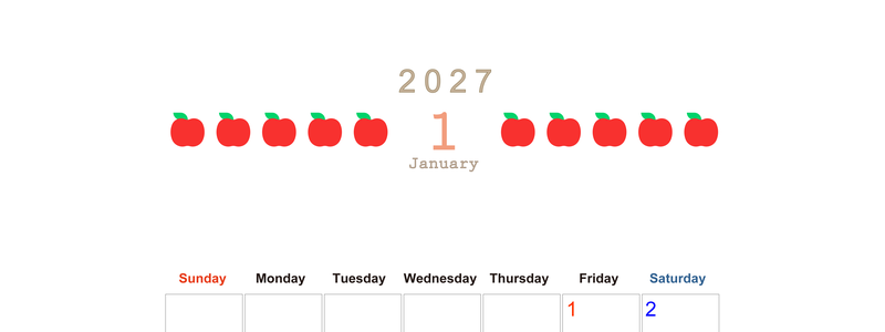 1月カレンダー2027年(無料&印刷用)は縦型日曜始まりで旬のフルーツのイラストがおしゃれ：A4サイズ 【No.202701350110】