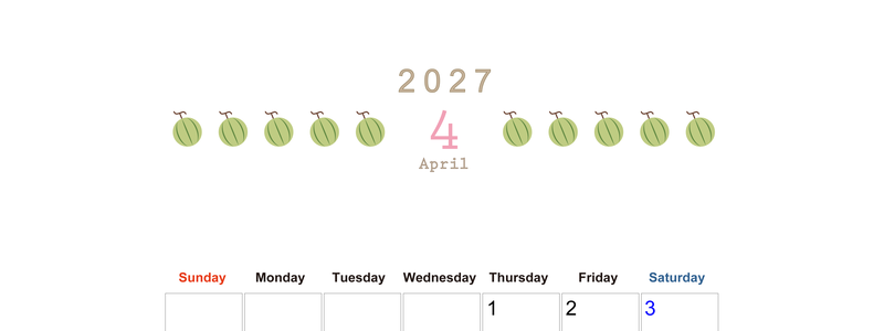 4月カレンダー2027年(無料&印刷用)は縦型日曜始まりで旬のフルーツのイラストがおしゃれ：A4サイズ 【No.202701350410】