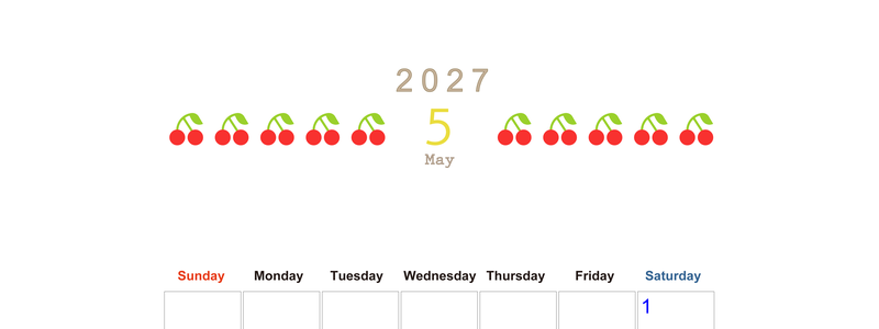 5月カレンダー2027年(無料&印刷用)は縦型日曜始まりで旬のフルーツのイラストがおしゃれ：A4サイズ 【No.202701350510】