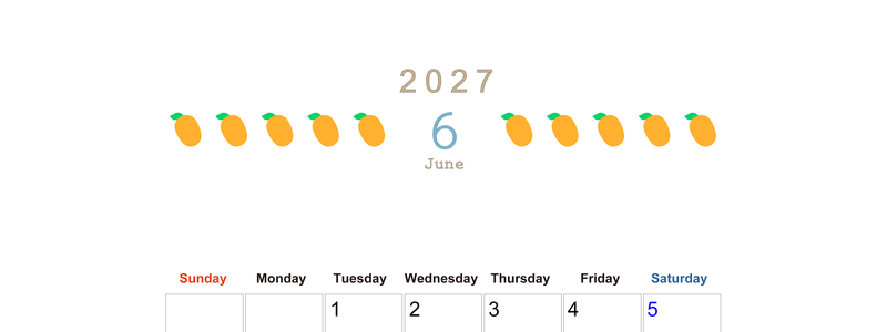 6月カレンダー2027年(無料&印刷用)は縦型日曜始まりで旬のフルーツのイラストがおしゃれ：A4サイズ 【No.202701350610】