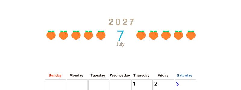 7月カレンダー2027年(無料&印刷用)は縦型日曜始まりで旬のフルーツのイラストがおしゃれ：A4サイズ 【No.202701350710】