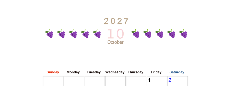 10月カレンダー2027年(無料&印刷用)は縦型日曜始まりで旬のフルーツのイラストがおしゃれ：A4サイズ 【No.202701351010】