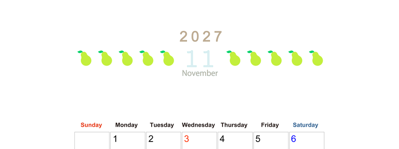11月カレンダー2027年(無料&印刷用)は縦型日曜始まりで旬のフルーツのイラストがおしゃれ：A4サイズ 【No.202701351110】
