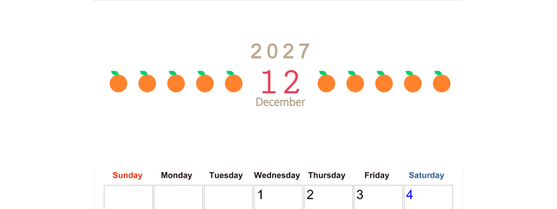12月カレンダー2027年(無料&印刷用)は縦型日曜始まりで旬のフルーツのイラストがおしゃれ：A4サイズ 【No.202701351210】