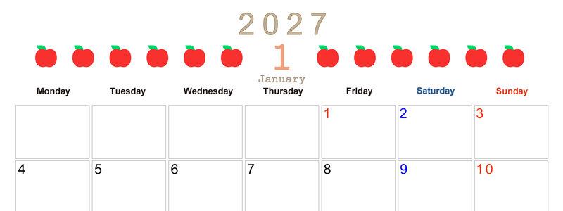 1月カレンダー2027年(無料&印刷用)は横型月曜始まりで旬のフルーツのイラストがおしゃれ：A4サイズ 【No.202701350101】