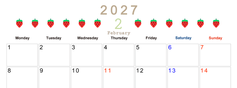 2月カレンダー2027年(無料&印刷用)は横型月曜始まりで旬のフルーツのイラストがおしゃれ：A4サイズ 【No.202701350201】