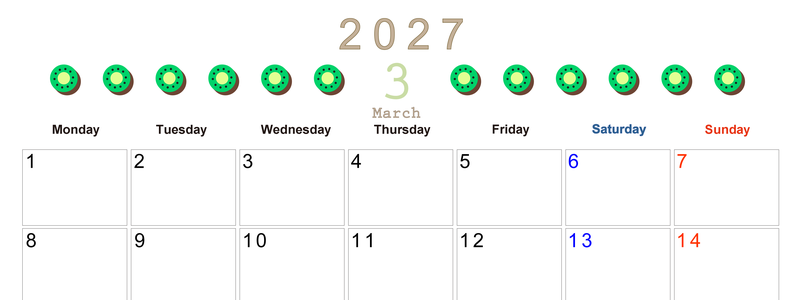 3月カレンダー2027年(無料&印刷用)は横型月曜始まりで旬のフルーツのイラストがおしゃれ：A4サイズ 【No.202701350301】