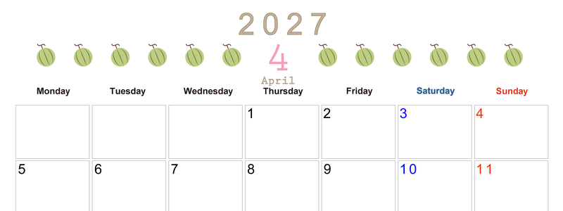 4月カレンダー2027年(無料&印刷用)は横型月曜始まりで旬のフルーツのイラストがおしゃれ：A4サイズ 【No.202701350401】
