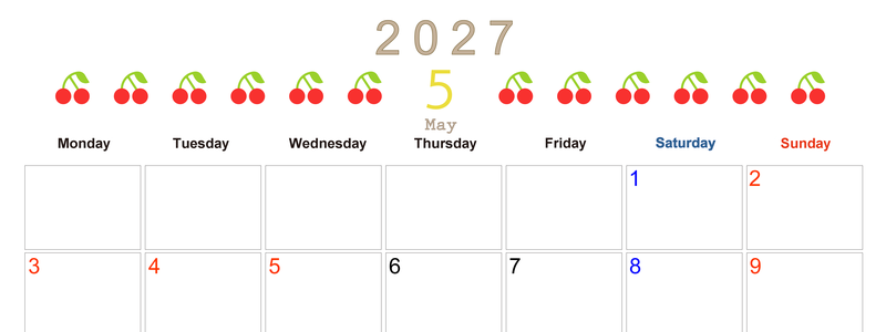5月カレンダー2027年(無料&印刷用)は横型月曜始まりで旬のフルーツのイラストがおしゃれ：A4サイズ 【No.202701350501】