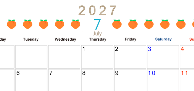 7月カレンダー2027年(無料&印刷用)は横型月曜始まりで旬のフルーツのイラストがおしゃれ：A4サイズ 【No.202701350701】