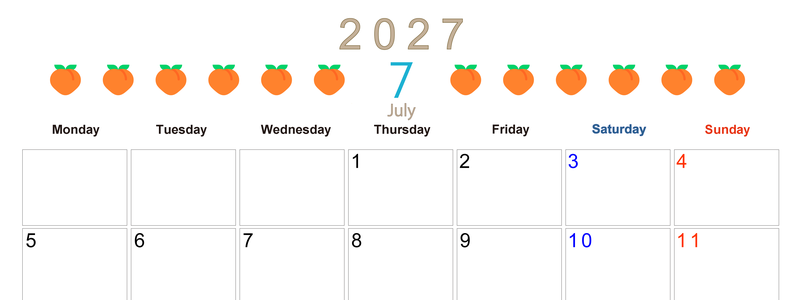 7月カレンダー2027年(無料&印刷用)は横型月曜始まりで旬のフルーツのイラストがおしゃれ：A4サイズ 【No.202701350701】