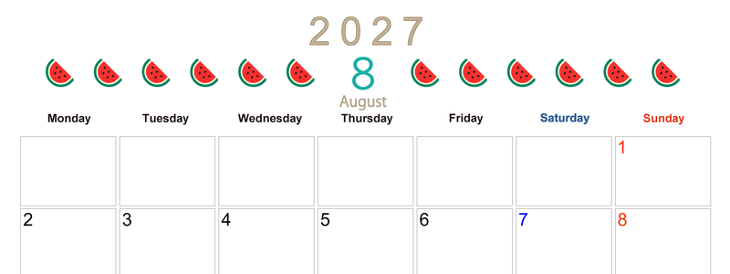 8月カレンダー2027年(無料&印刷用)は横型月曜始まりで旬のフルーツのイラストがおしゃれ：A4サイズ 【No.202701350801】